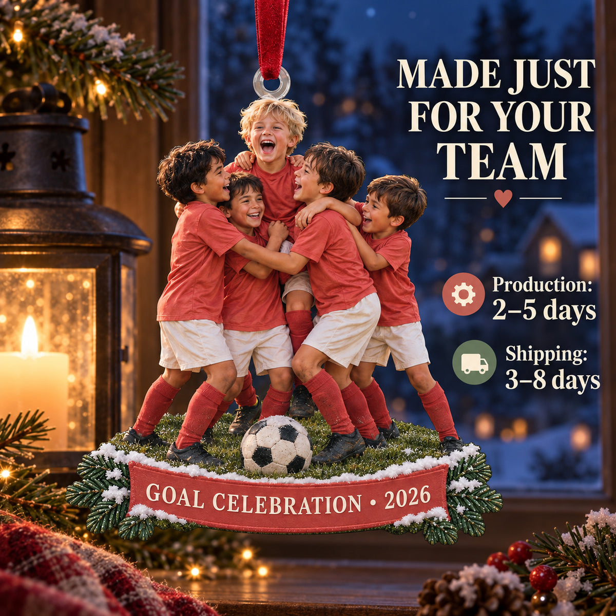 Custom Photo Goal Celebration Group Acrylic Ornament — Production and delivery