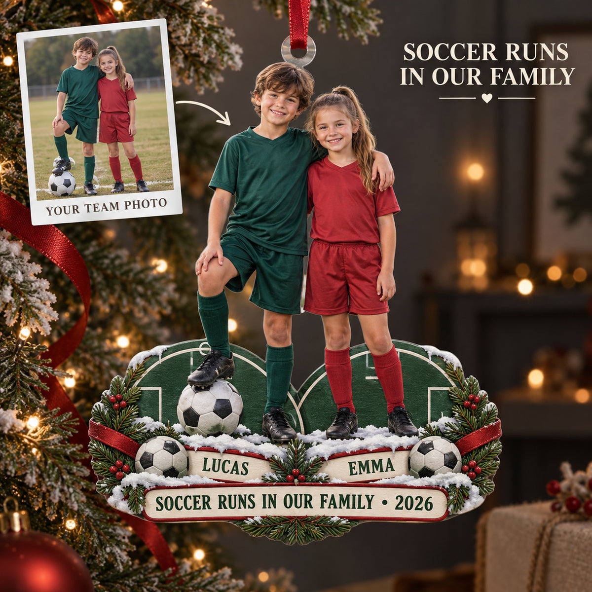 Custom Photo Sibling Soccer Duo Acrylic Ornament — Main design
