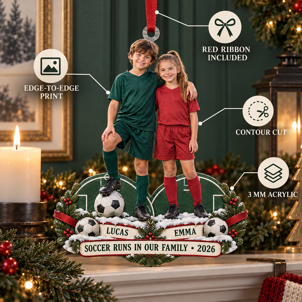 Custom Photo Sibling Soccer Duo Acrylic Ornament — Product details
