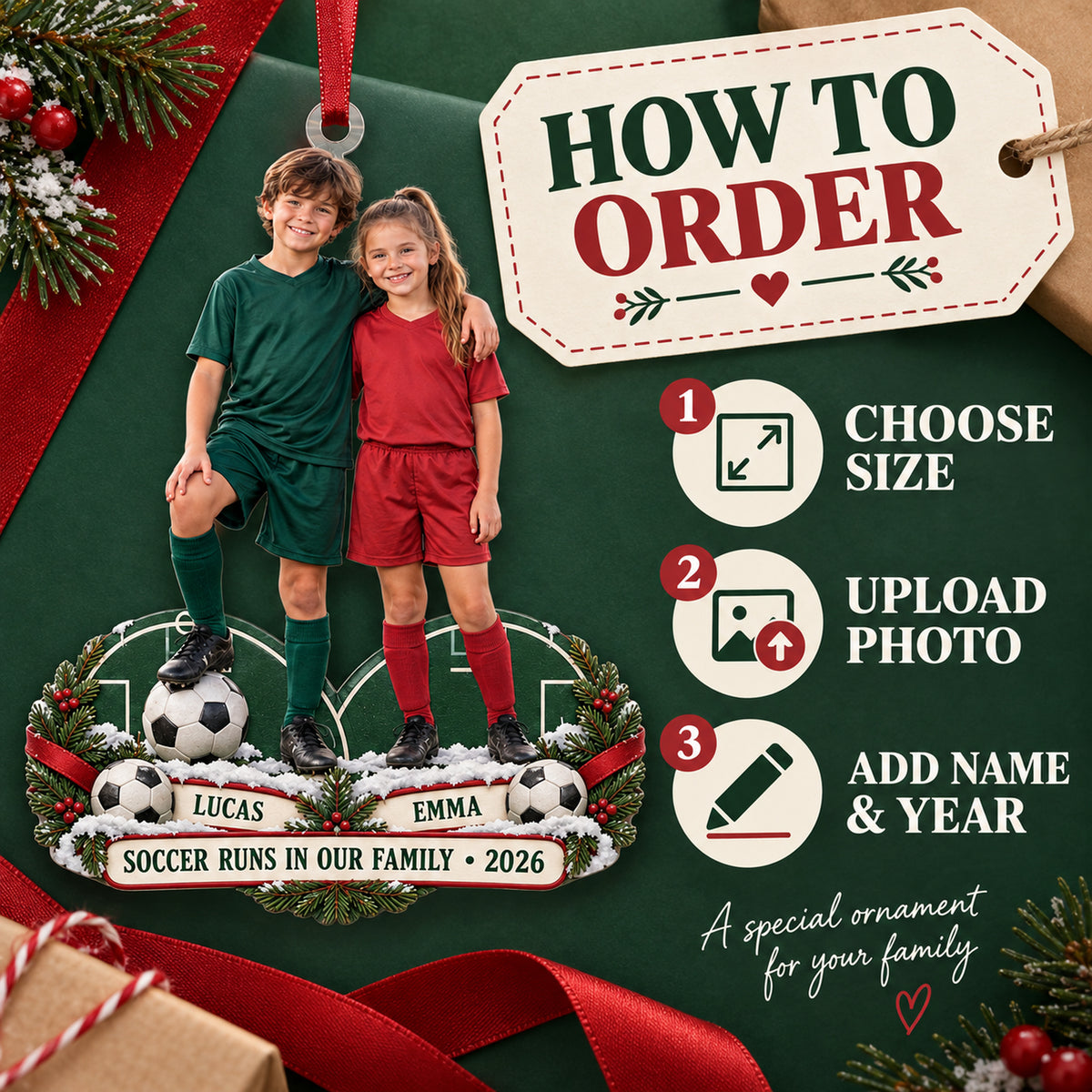 Custom Photo Sibling Soccer Duo Acrylic Ornament — How to order