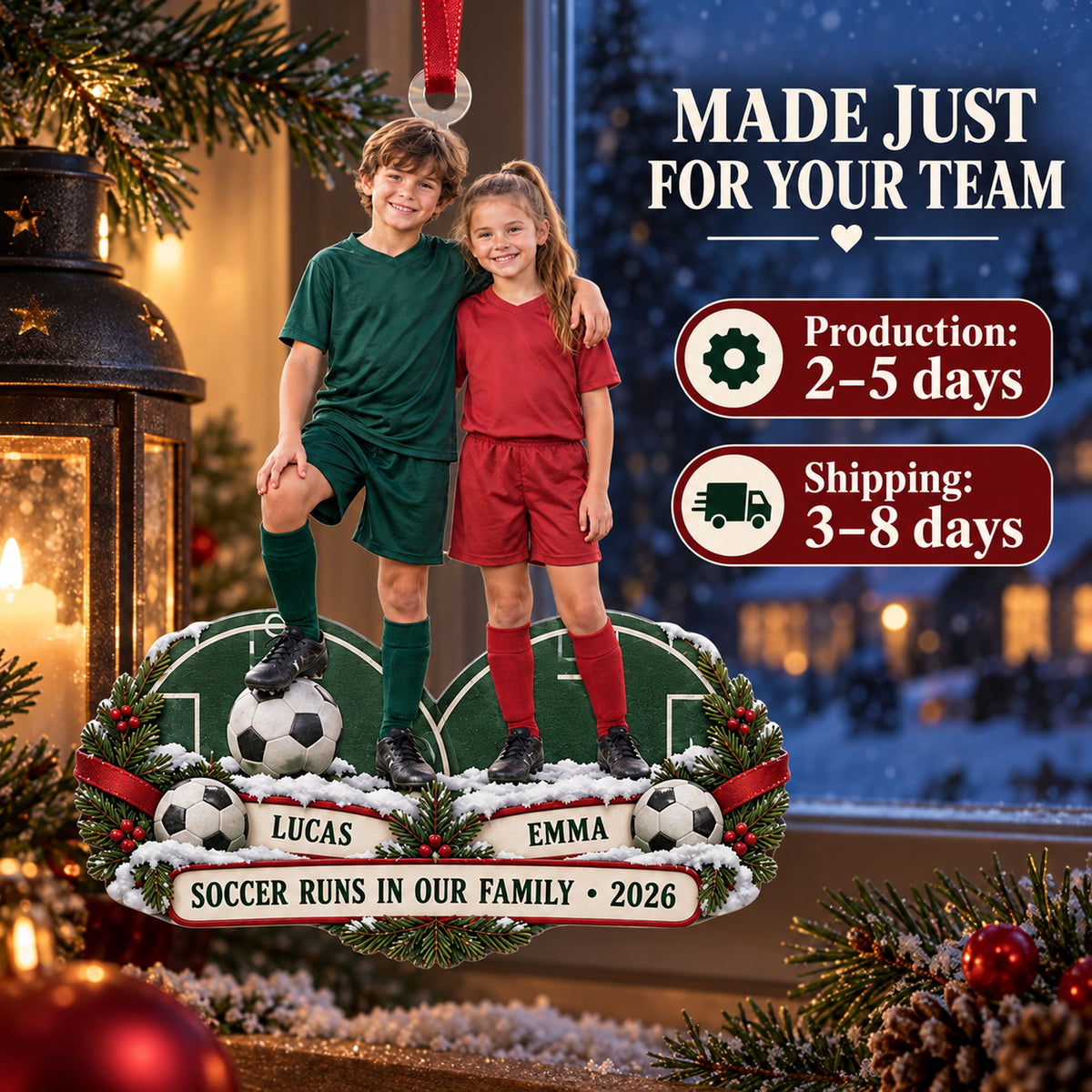 Custom Photo Sibling Soccer Duo Acrylic Ornament — Production and delivery