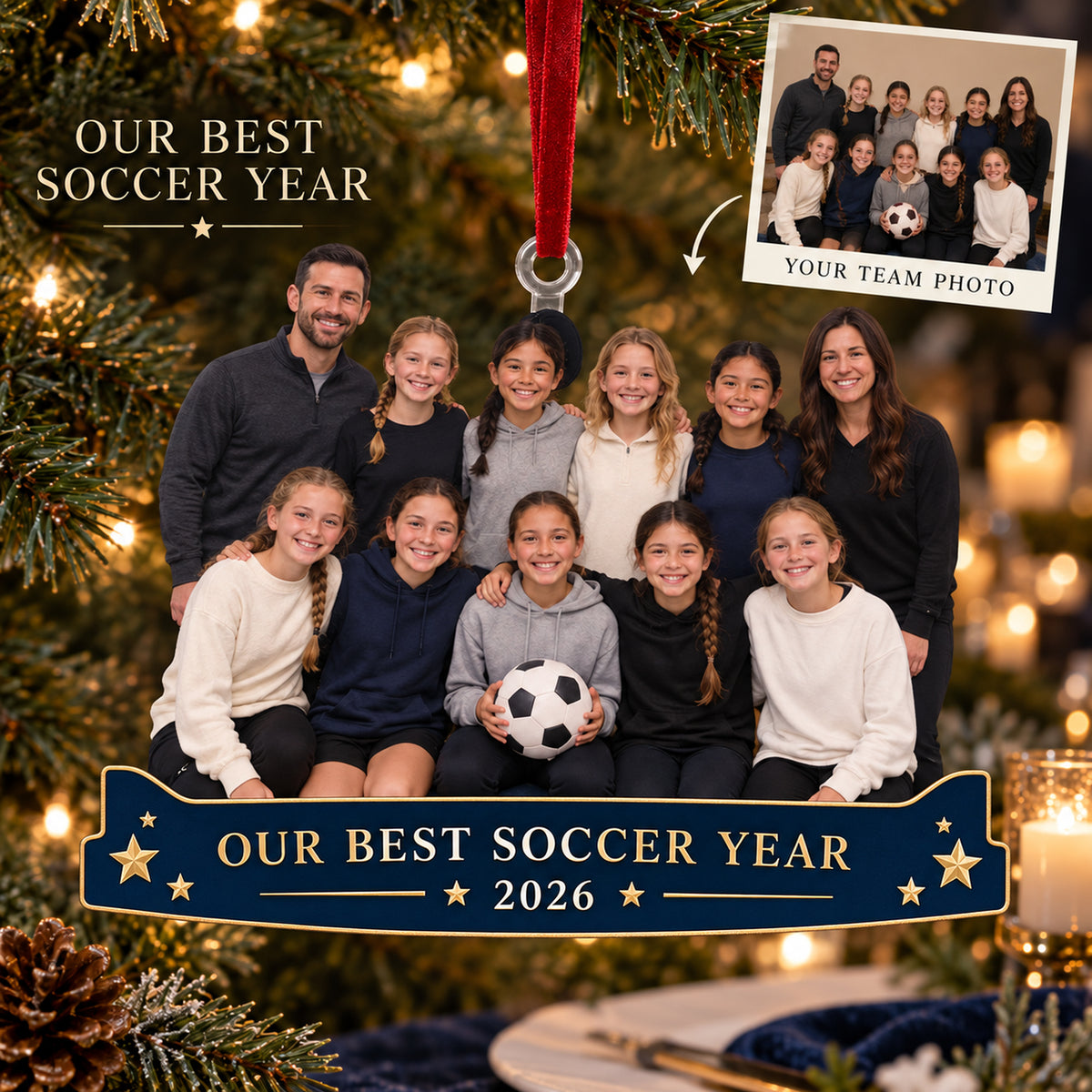 Custom Photo Youth Soccer Team Banquet Acrylic Ornament — Main design