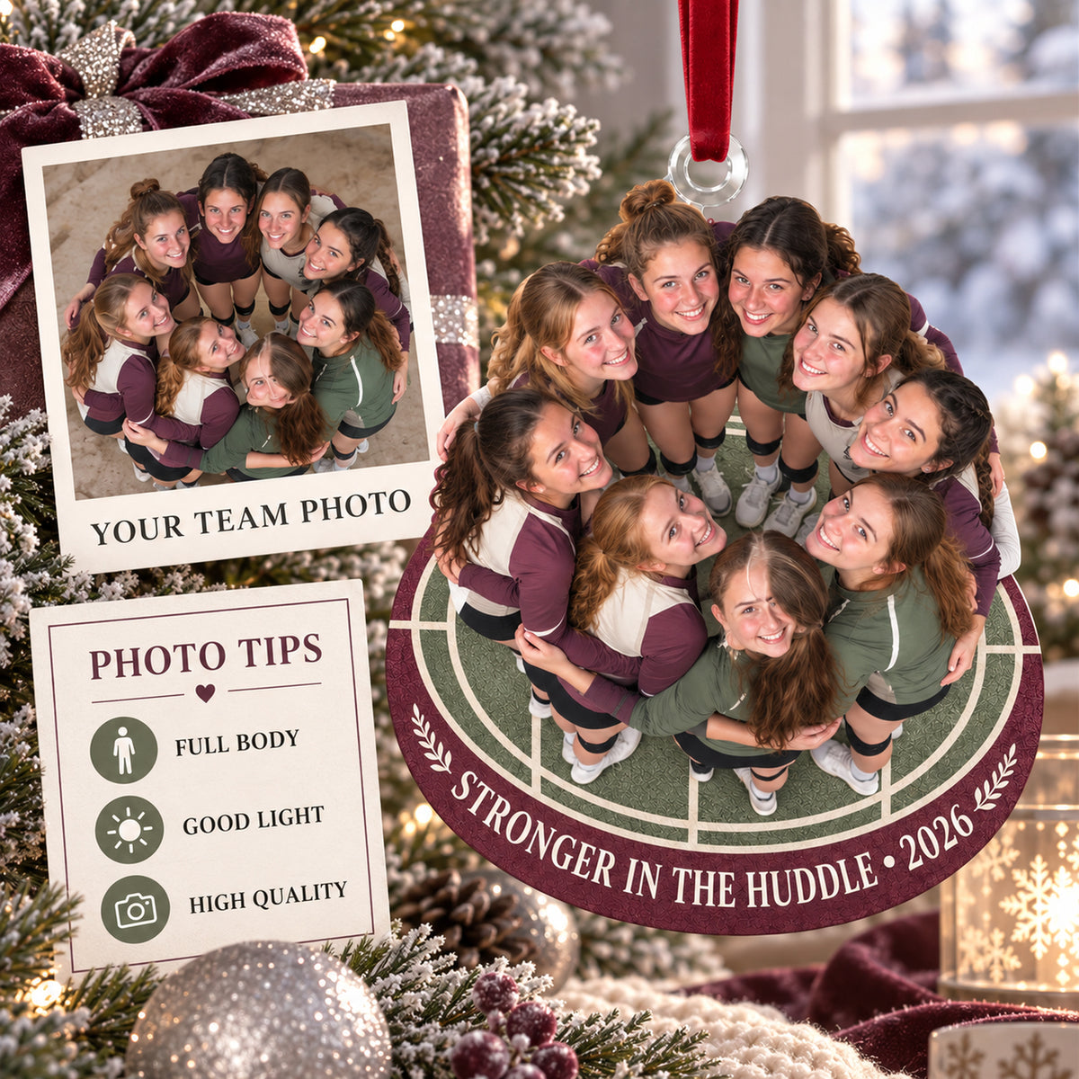 Custom Photo Volleyball Team Huddle Acrylic Ornament — Personalization guide