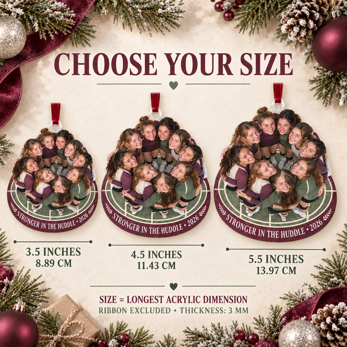 Custom Photo Volleyball Team Huddle Acrylic Ornament — Size guide