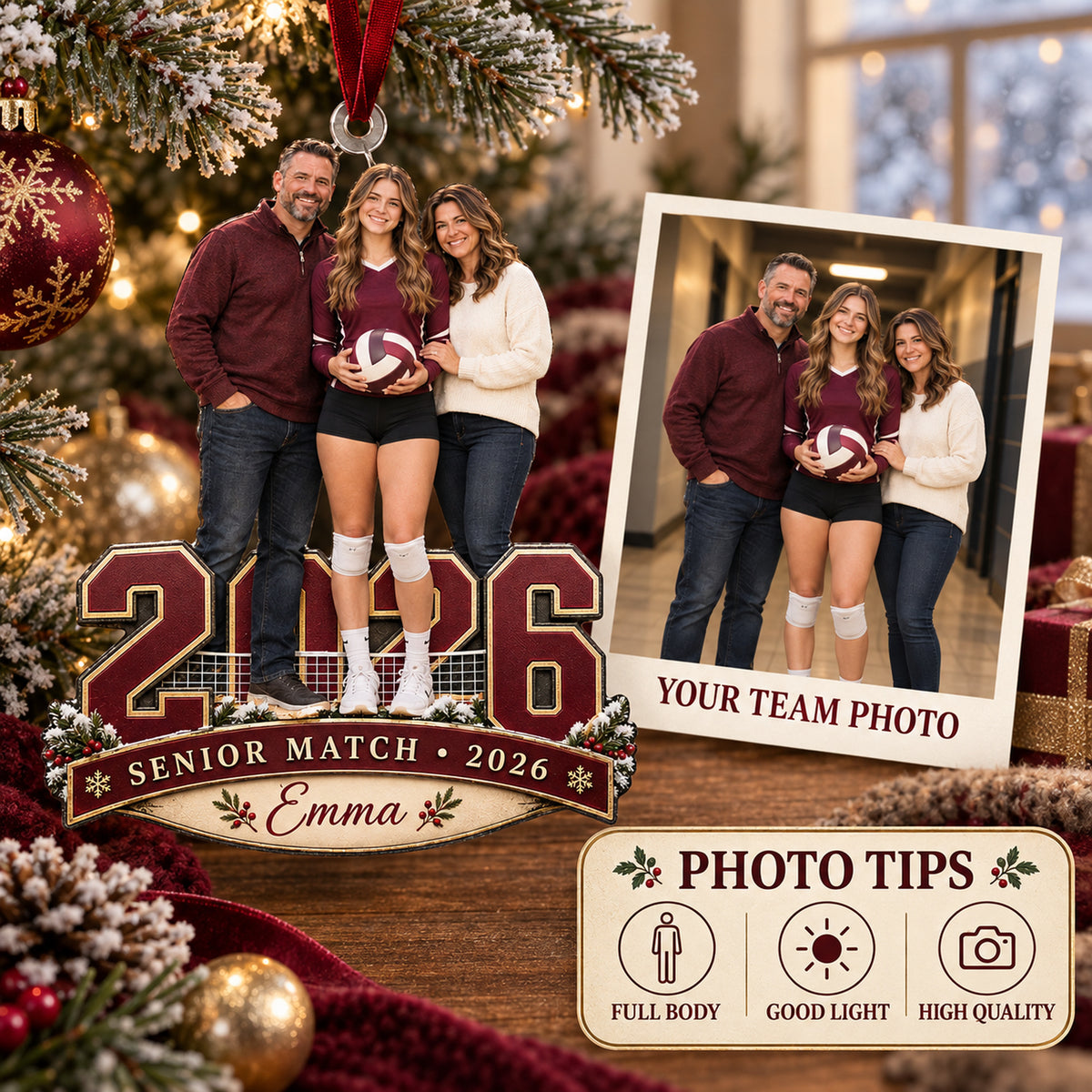 Custom Photo Volleyball Senior Match Player and Parents Acrylic Ornament — Personalization guide