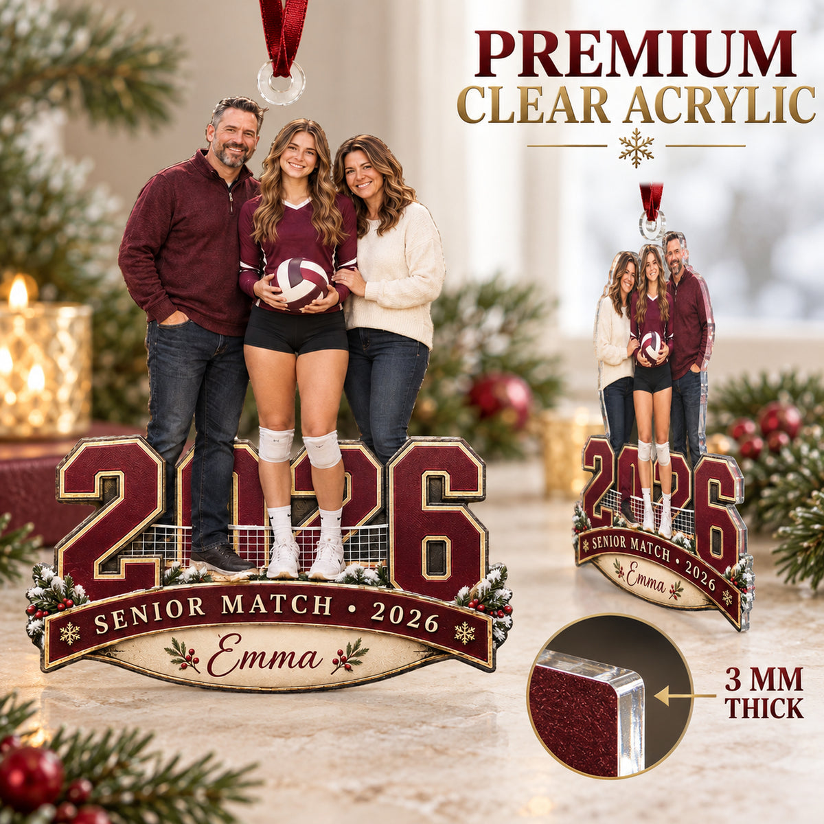 Custom Photo Volleyball Senior Match Player and Parents Acrylic Ornament — Flat acrylic material