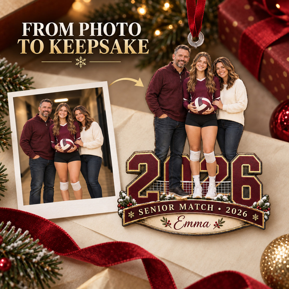 Custom Photo Volleyball Senior Match Player and Parents Acrylic Ornament — Personalization example