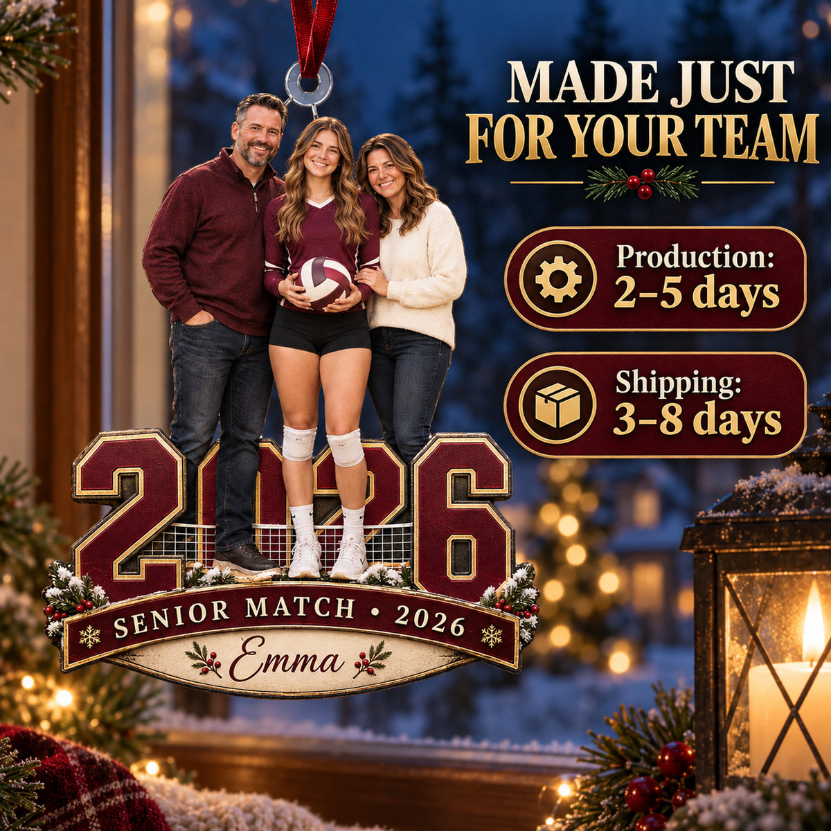Custom Photo Volleyball Senior Match Player and Parents Acrylic Ornament — Production and delivery