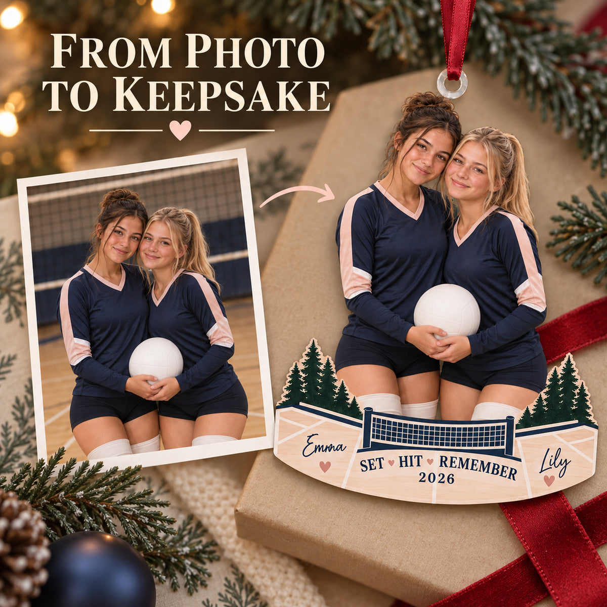 Custom Photo Setter and Hitter Duo Acrylic Ornament — Personalization example