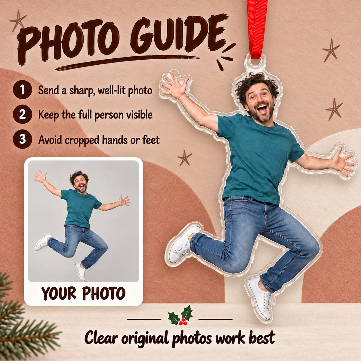 Custom Photo Jumping Joy Acrylic Ornament — Photo requirements