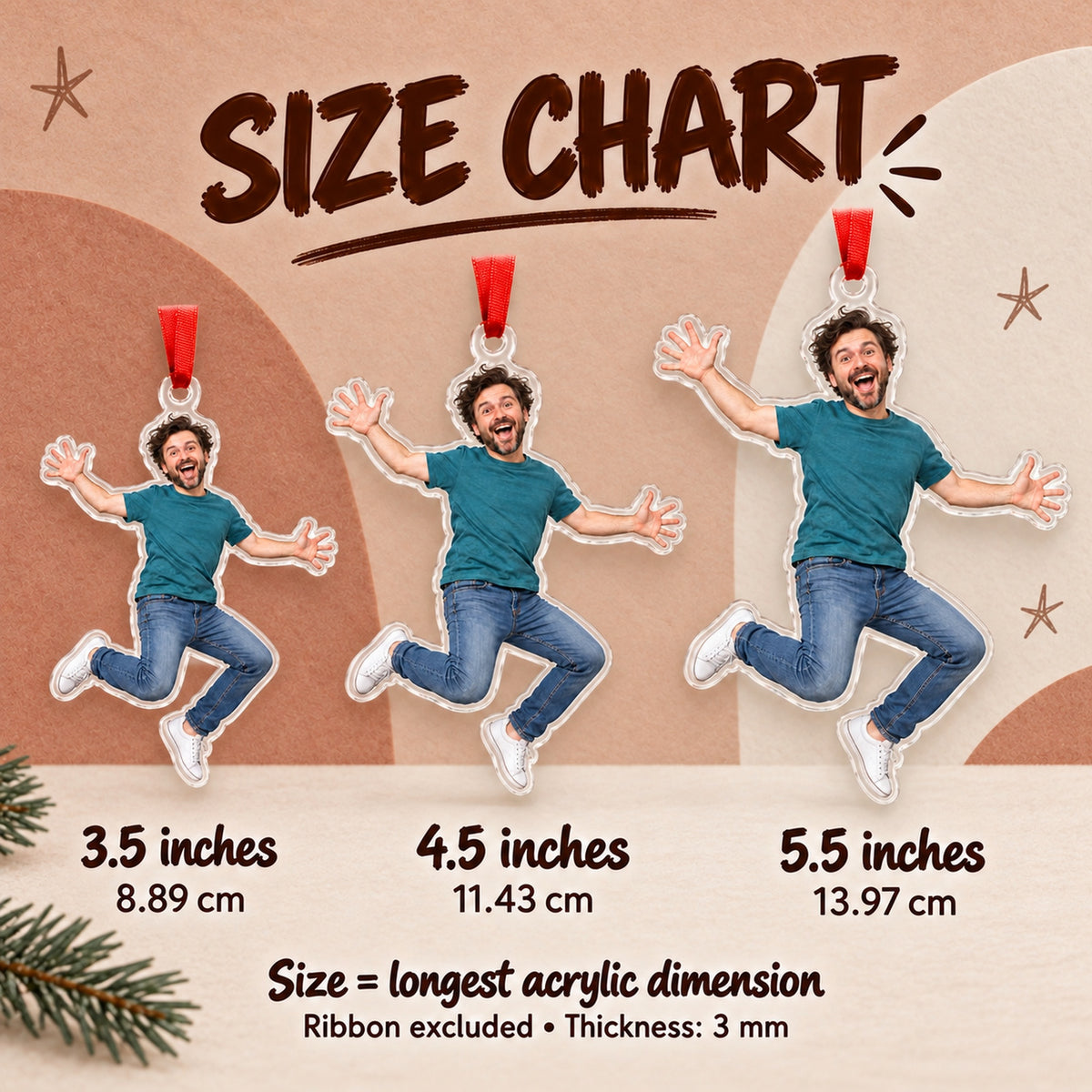 Custom Photo Jumping Joy Acrylic Ornament — Size guide