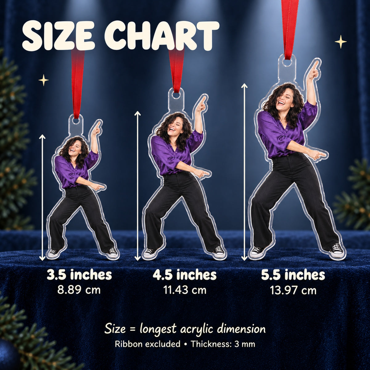 Custom Photo Dance Floor Legend Acrylic Ornament — Size guide