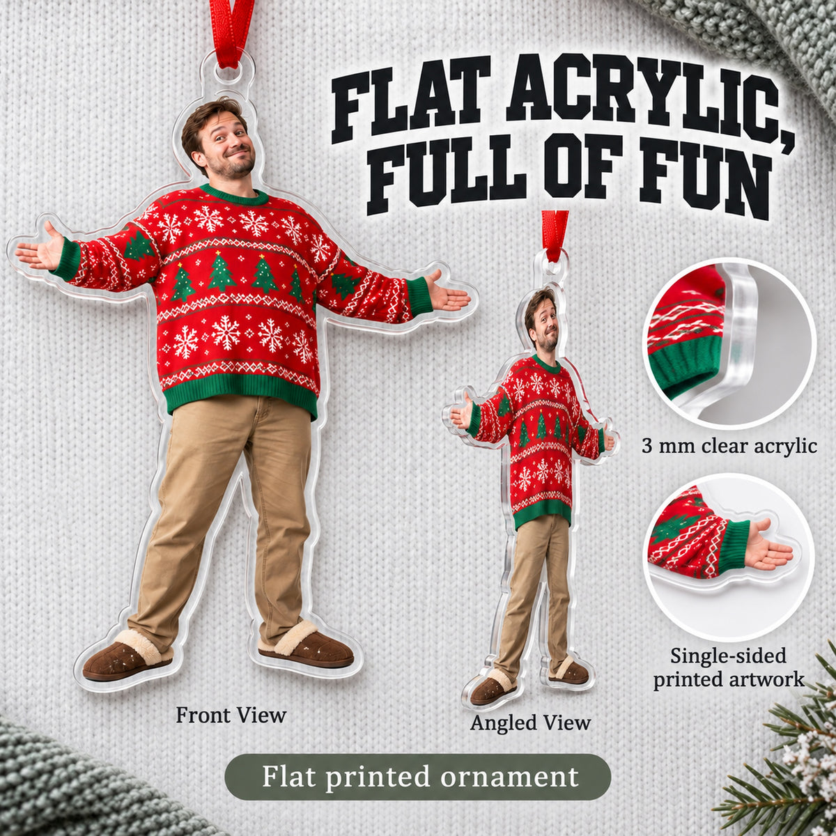 Custom Photo Ugly Sweater Star Acrylic Ornament — Flat acrylic material