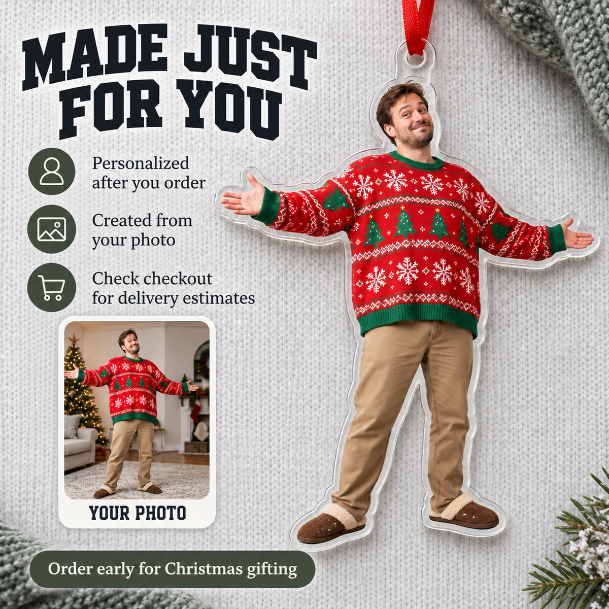 Custom Photo Ugly Sweater Star Acrylic Ornament — Production and delivery