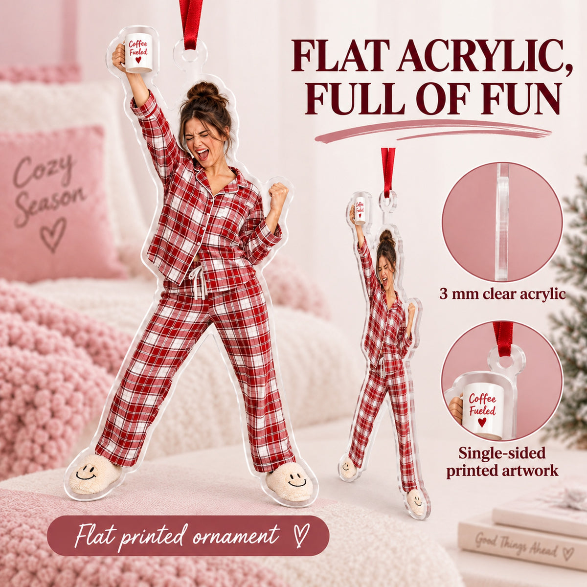 Custom Photo Pajama Party Pose Acrylic Ornament — Flat acrylic material