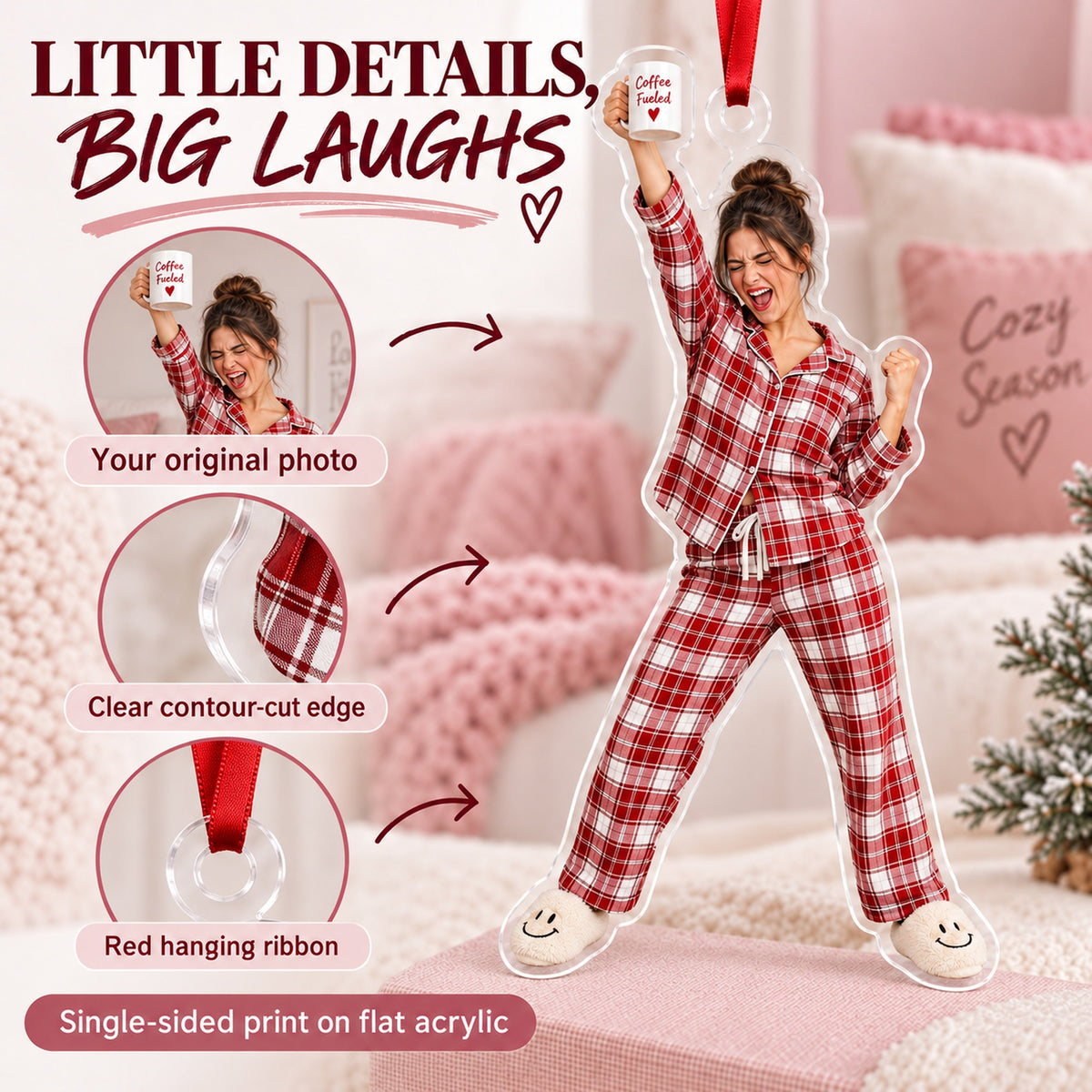 Custom Photo Pajama Party Pose Acrylic Ornament — Product details