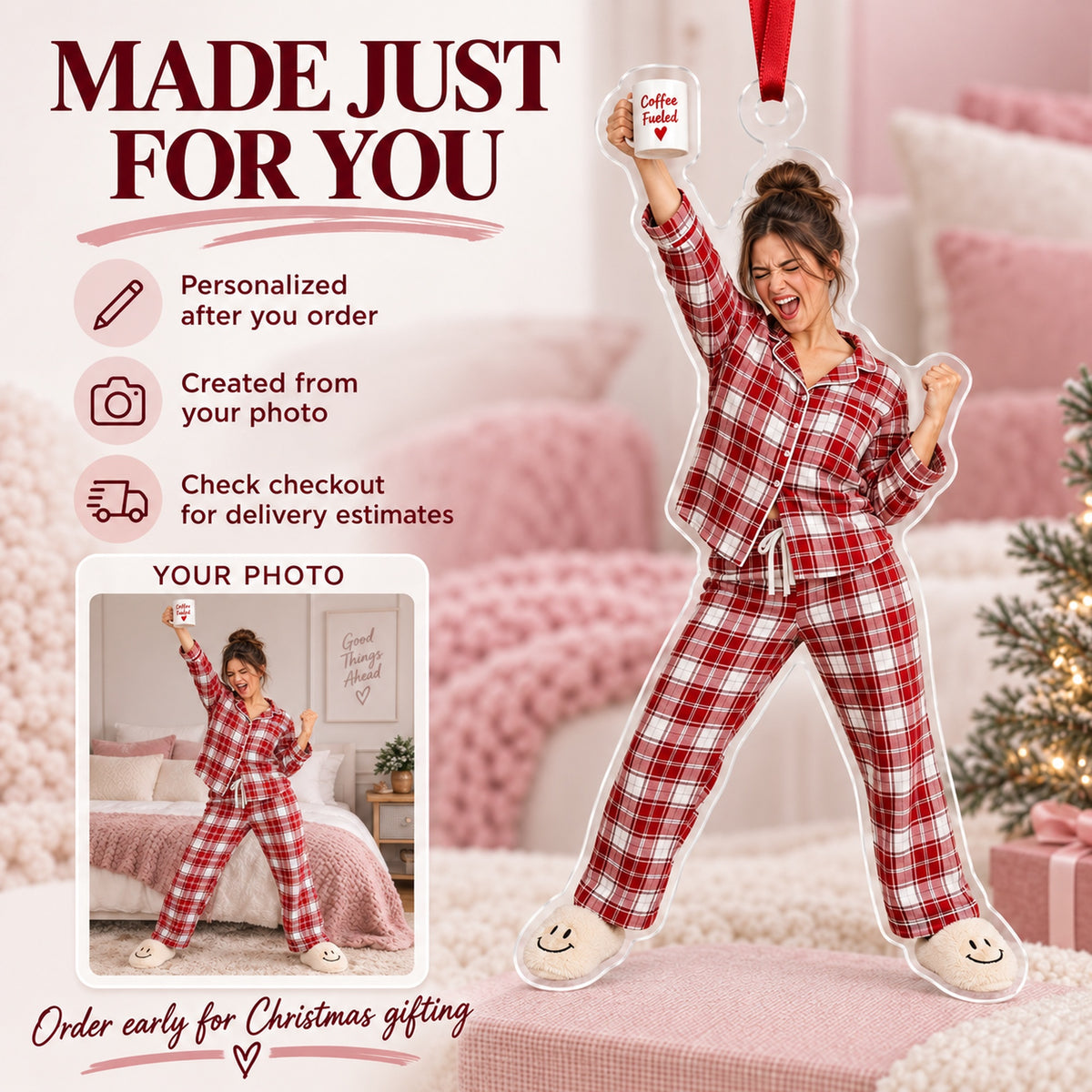 Custom Photo Pajama Party Pose Acrylic Ornament — Production and delivery