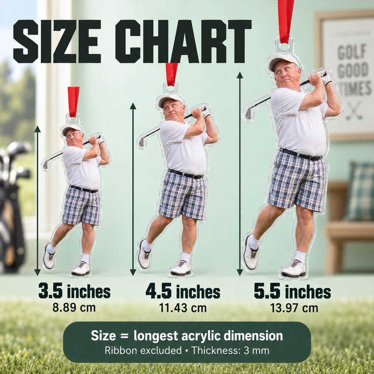 Custom Photo Golf Goof Acrylic Ornament — Size guide