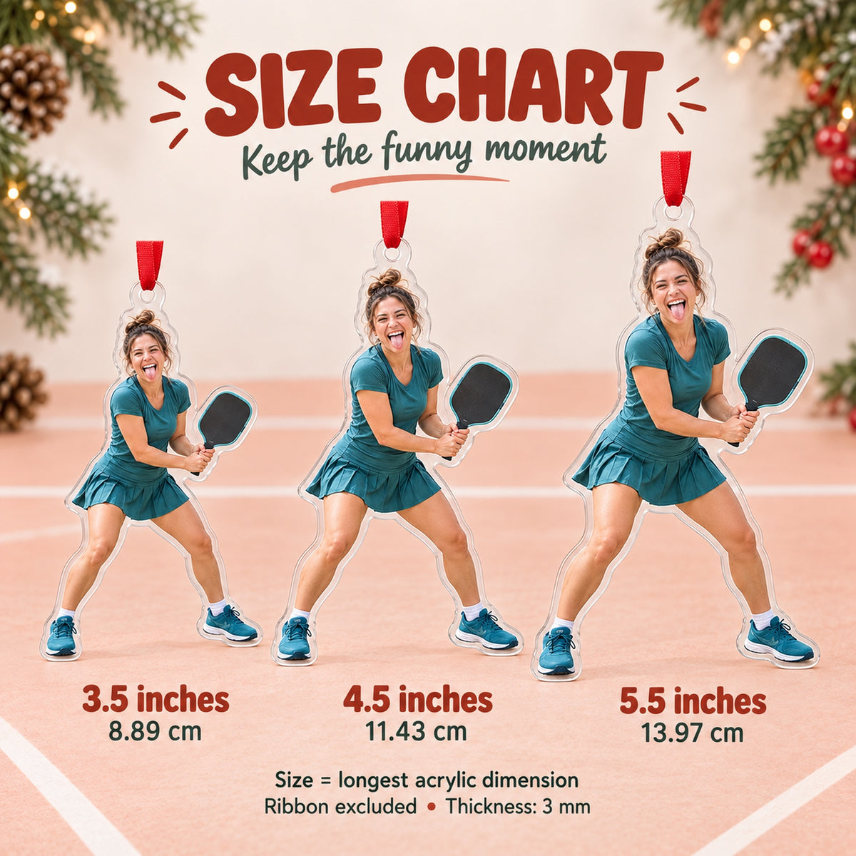 Custom Photo Pickleball Pose Acrylic Ornament — Size guide