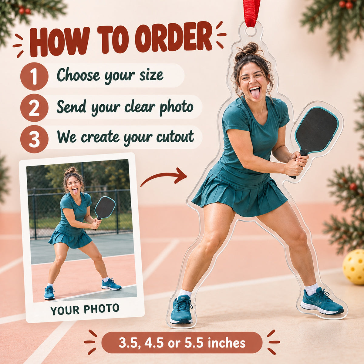 Custom Photo Pickleball Pose Acrylic Ornament — How to order