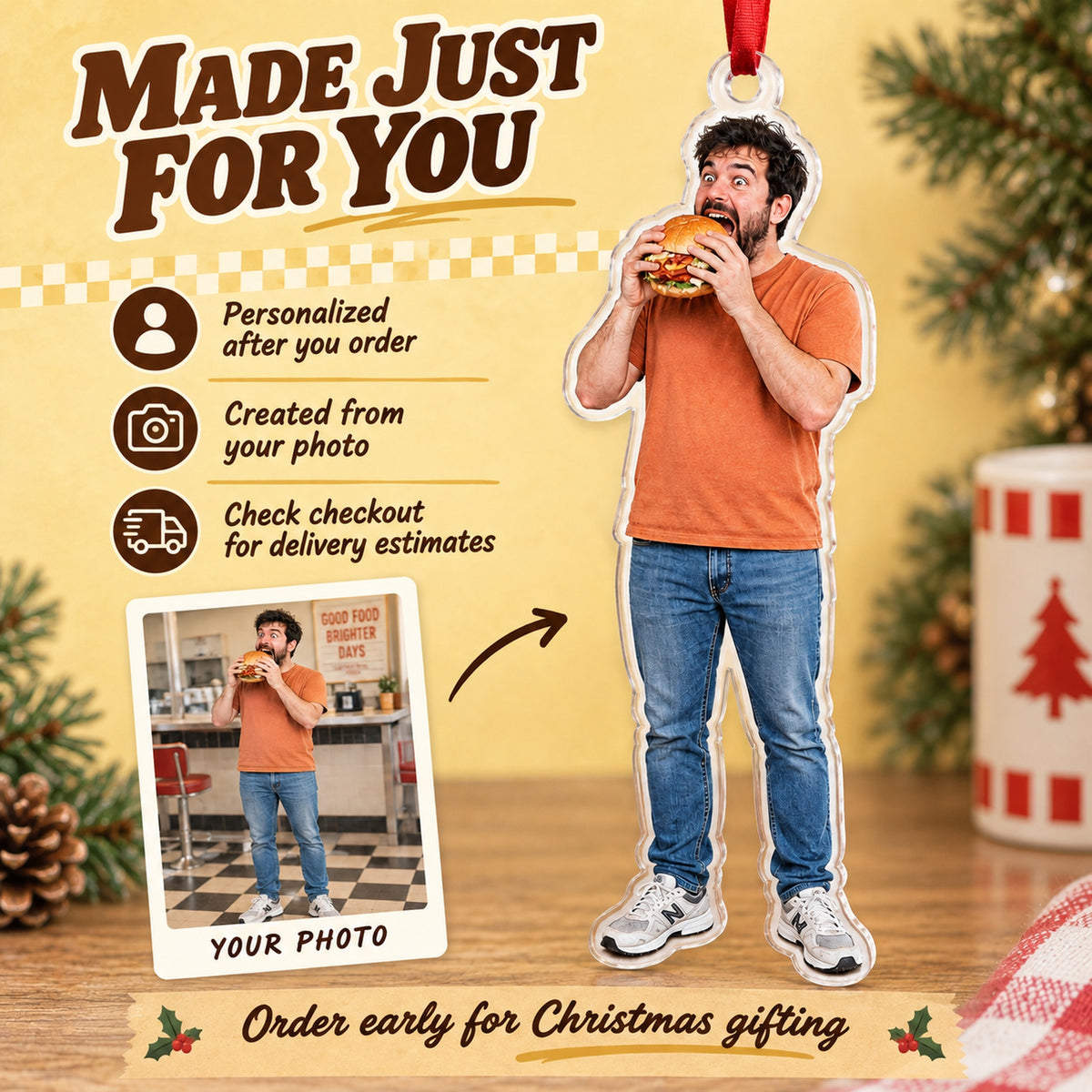 Custom Photo Big Bite Moment Acrylic Ornament — Production and delivery