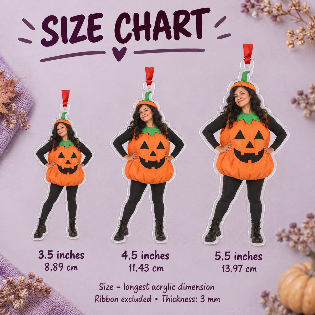 Custom Photo Costume Comedy Acrylic Ornament — Size guide