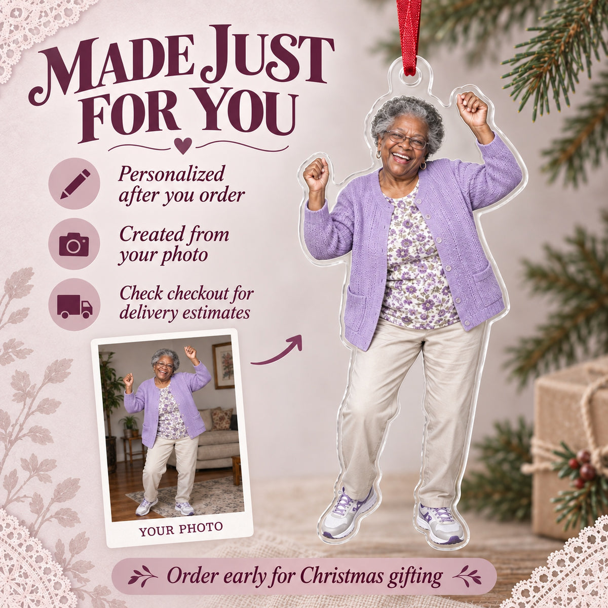 Custom Photo Grandma Dance Star Acrylic Ornament — Production and delivery