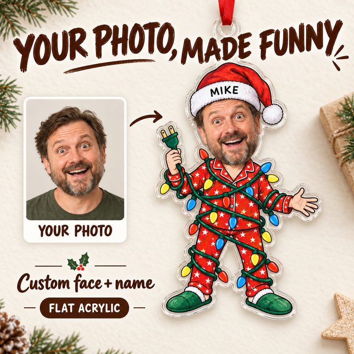 Custom Face Christmas Lights Disaster Acrylic Ornament — Main design