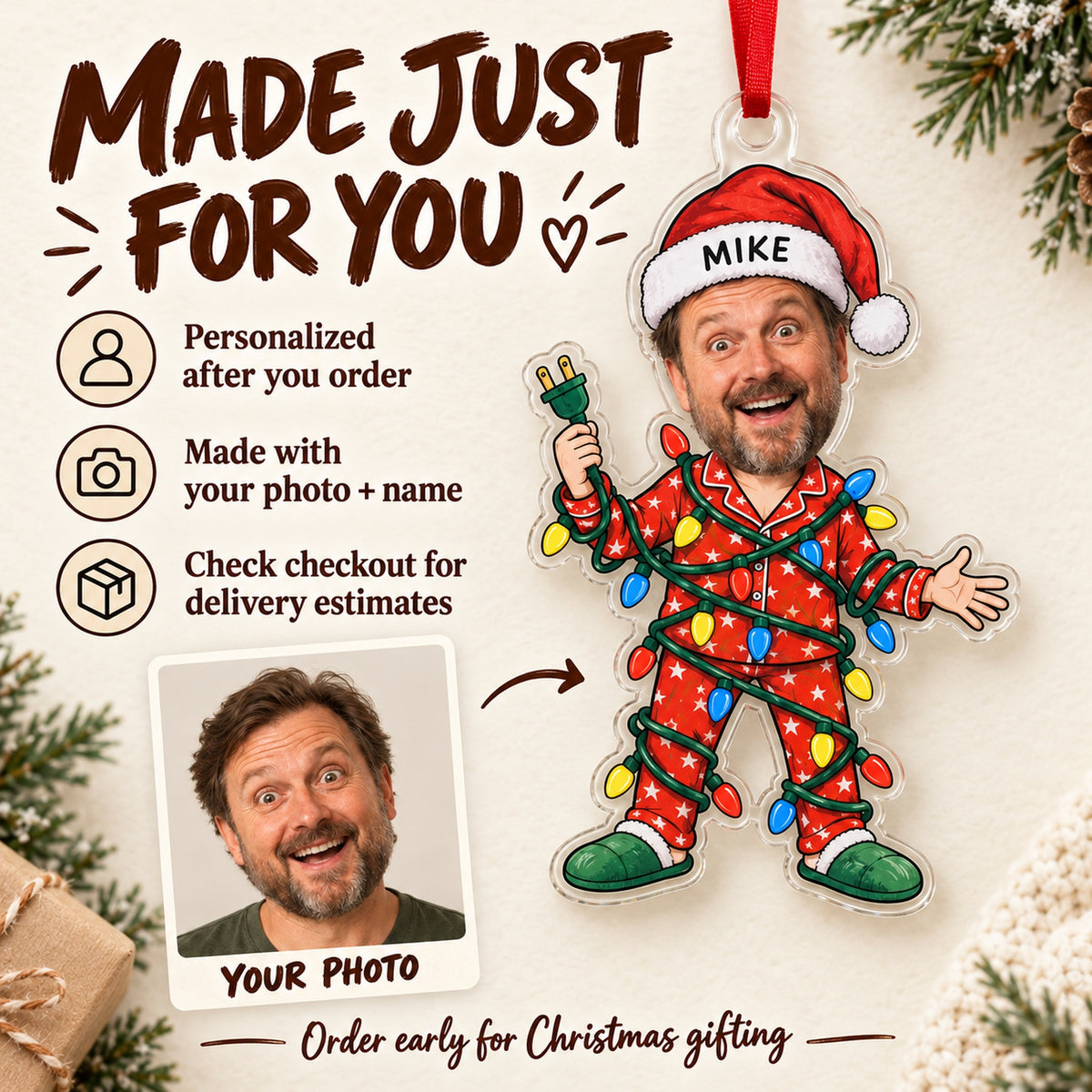 Custom Face Christmas Lights Disaster Acrylic Ornament — Production and delivery