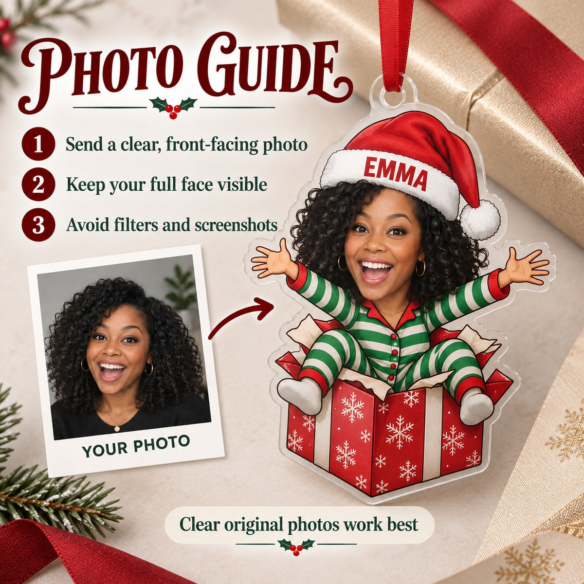 Custom Photo Face Surprise Gift Box Acrylic Ornament — Personalization guide