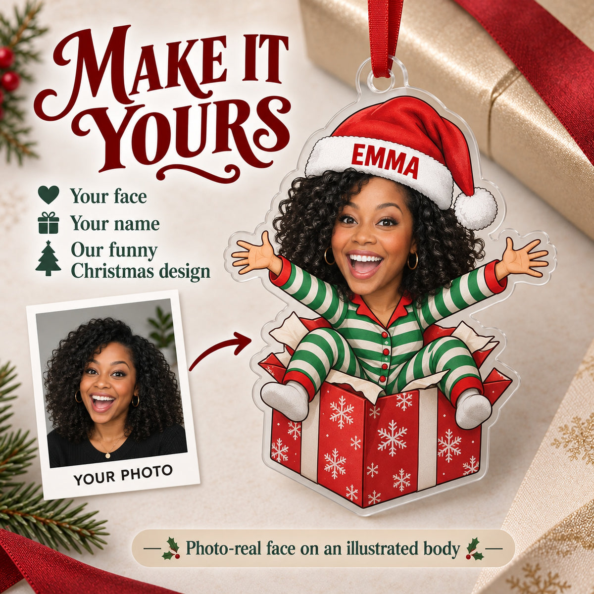 Custom Photo Face Surprise Gift Box Acrylic Ornament — Personalization example