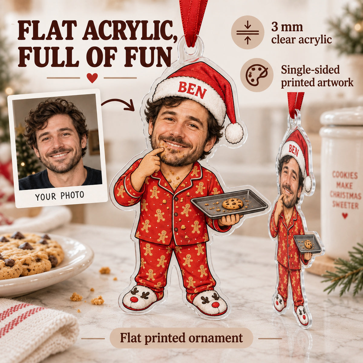 Custom Photo Face Cookie Quality Control Acrylic Ornament — Flat acrylic material