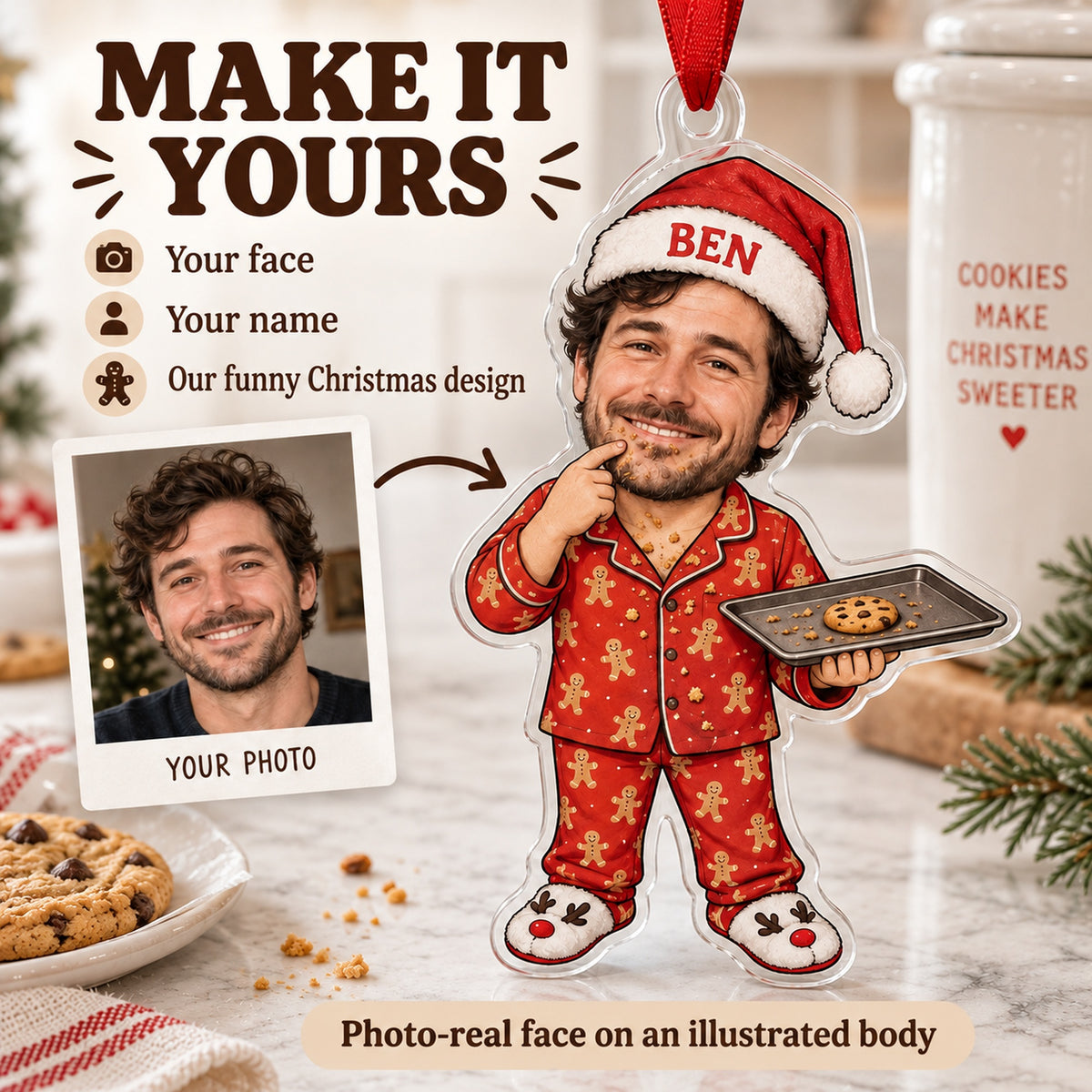 Custom Photo Face Cookie Quality Control Acrylic Ornament — Personalization example