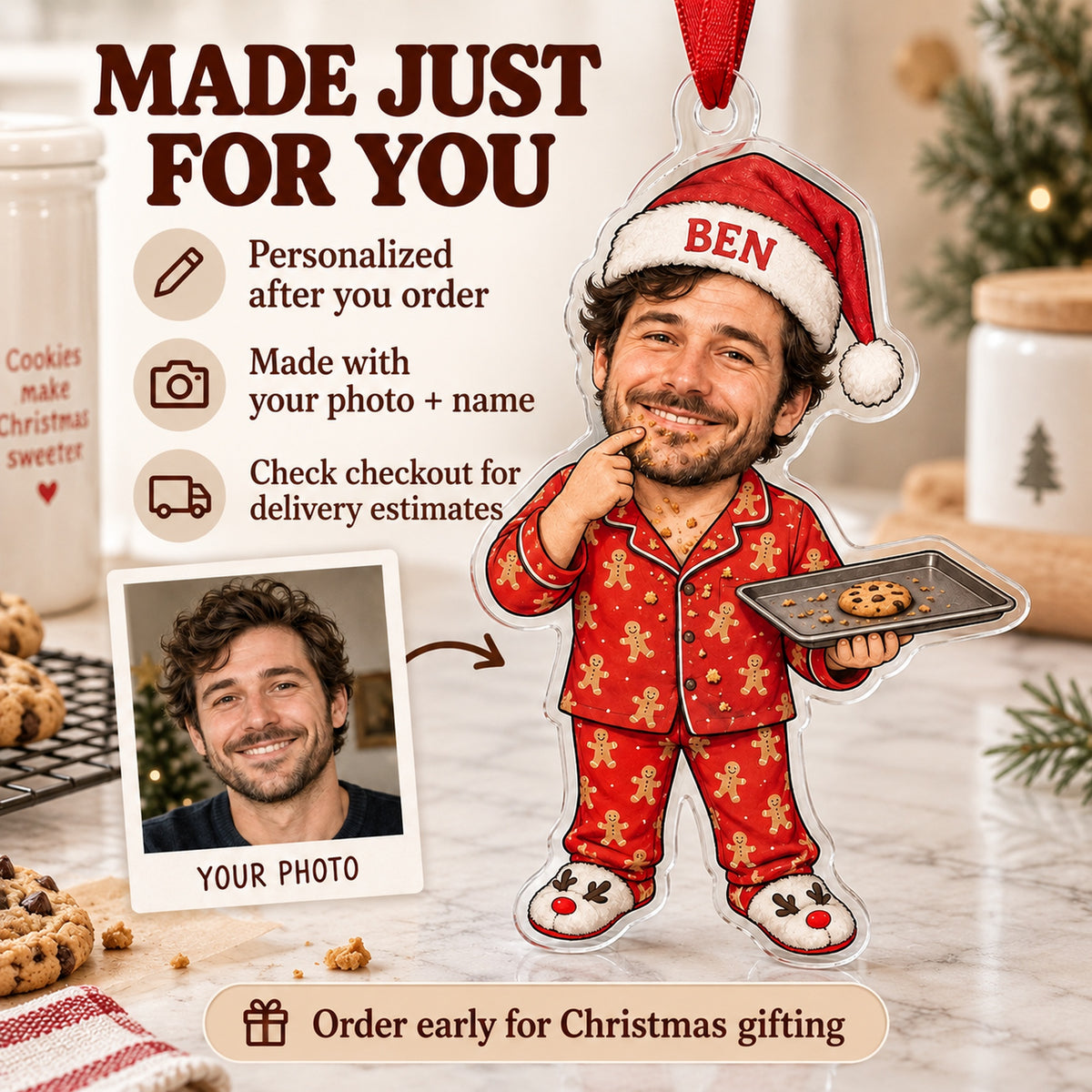 Custom Photo Face Cookie Quality Control Acrylic Ornament — Production and delivery