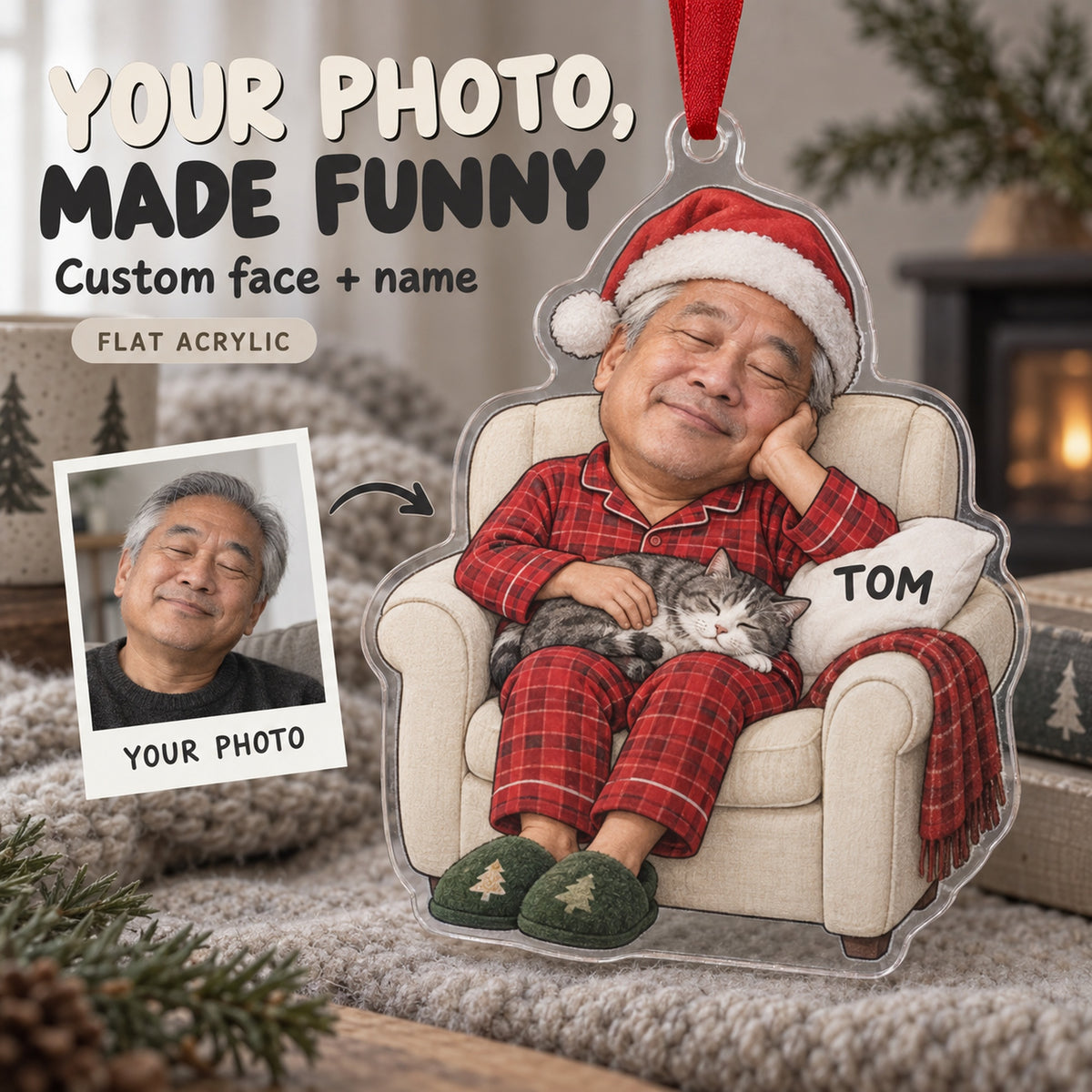 Custom Photo Face Holiday Nap Champion Acrylic Ornament — Main design