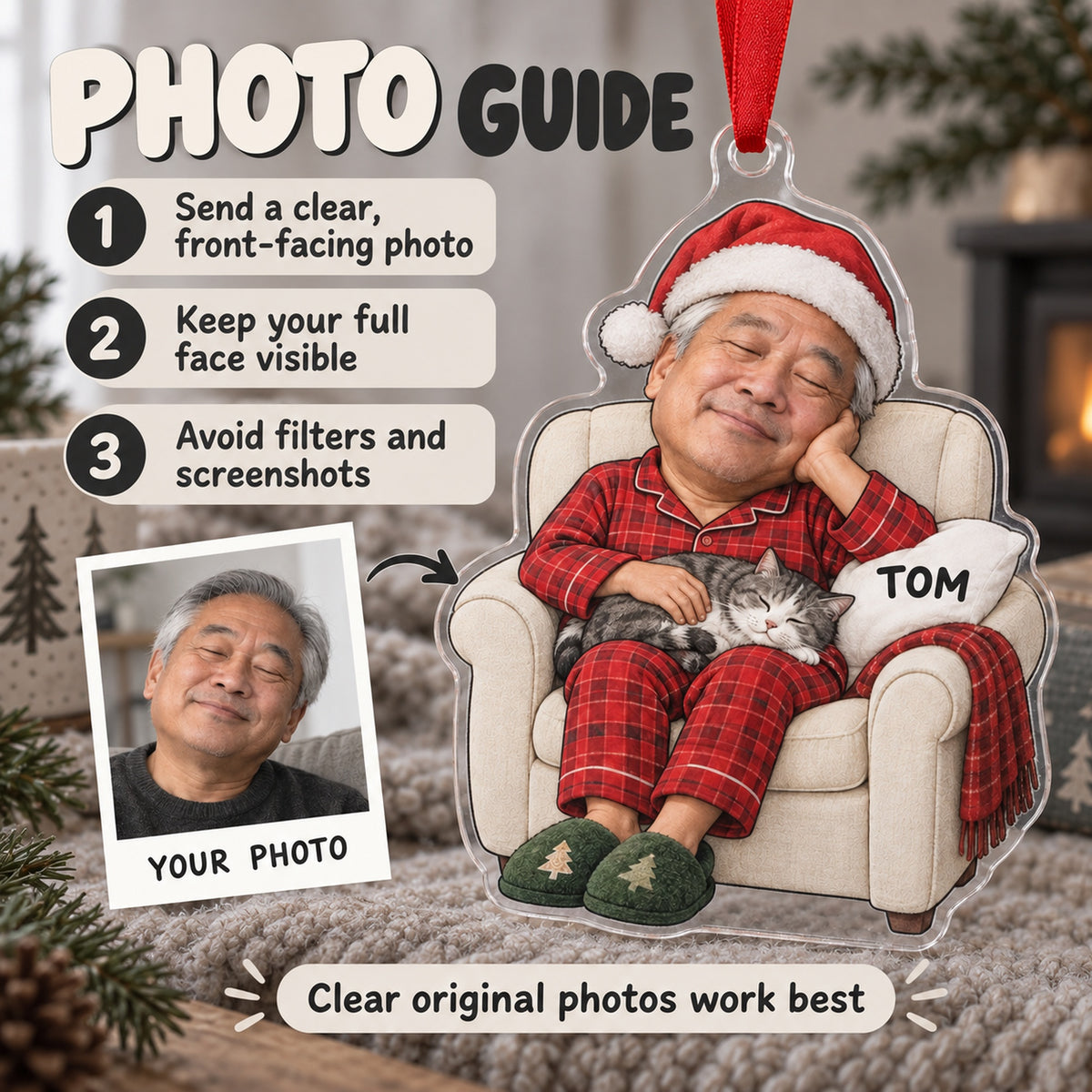 Custom Photo Face Holiday Nap Champion Acrylic Ornament — Personalization guide