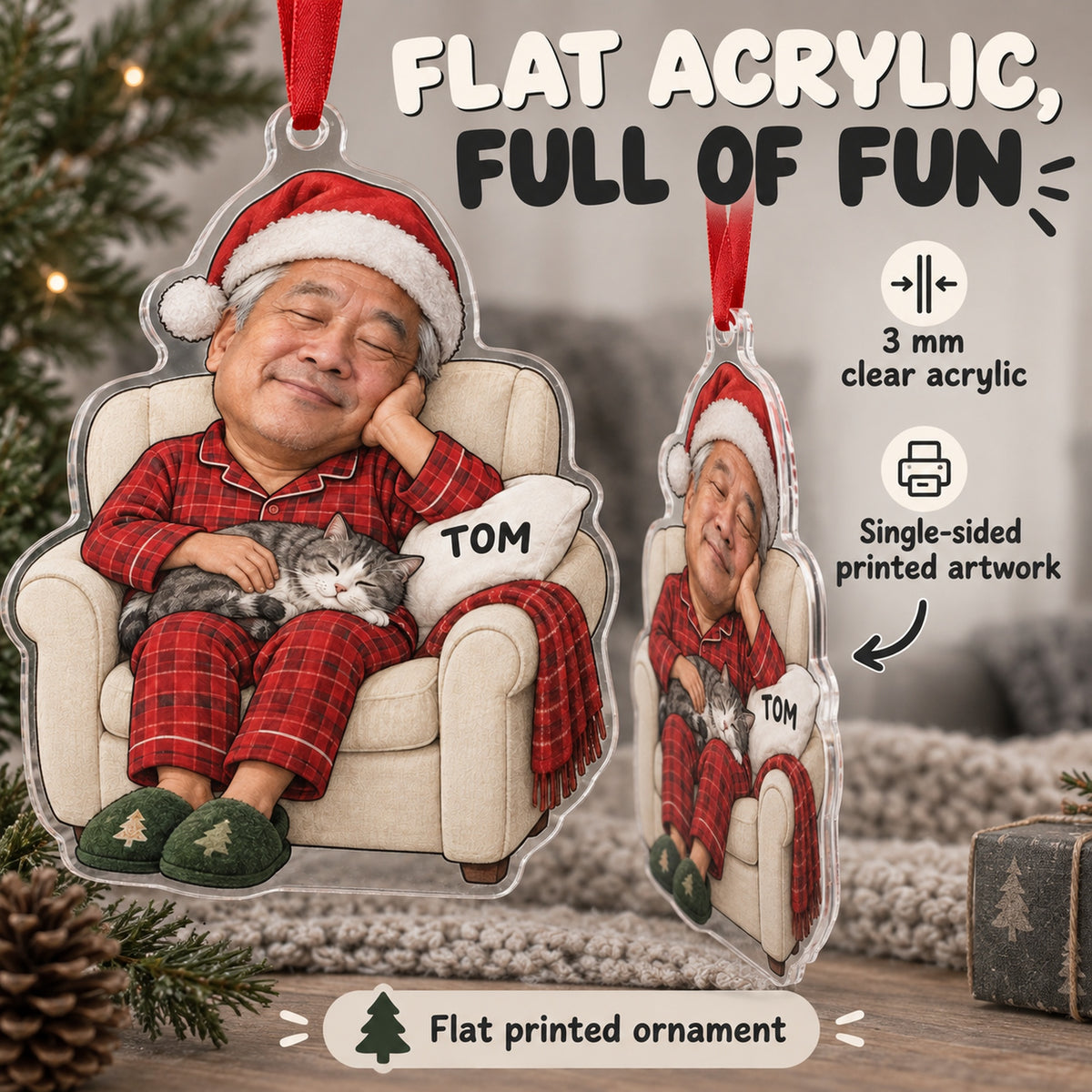 Custom Photo Face Holiday Nap Champion Acrylic Ornament — Flat acrylic material