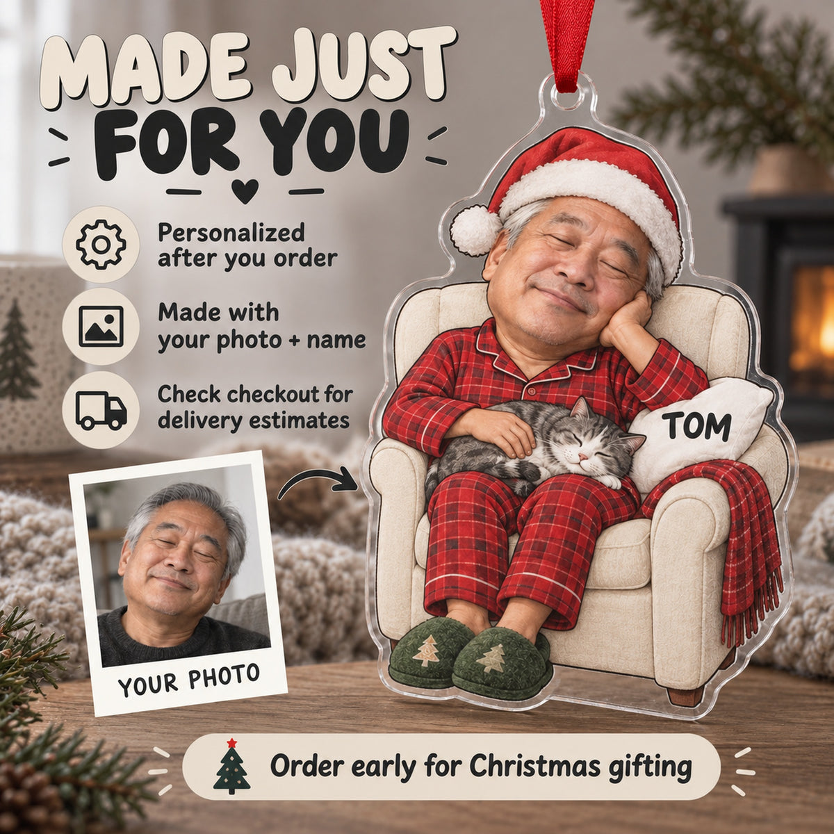 Custom Photo Face Holiday Nap Champion Acrylic Ornament — Production and delivery
