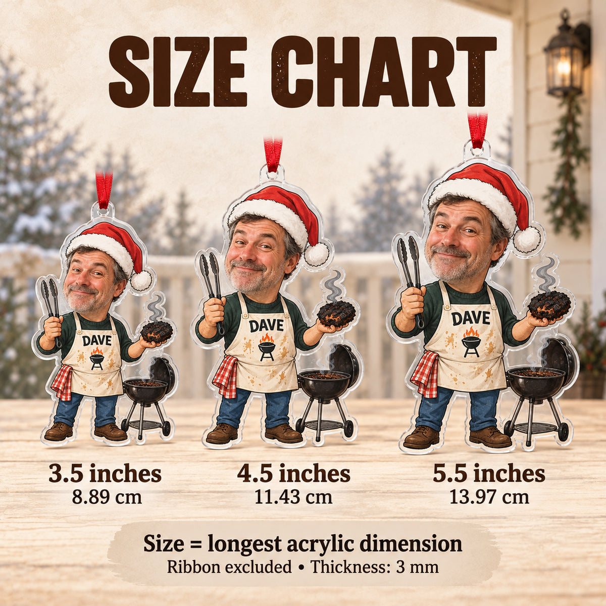 Custom Photo Face Grill Dad on Duty Acrylic Ornament — Size guide