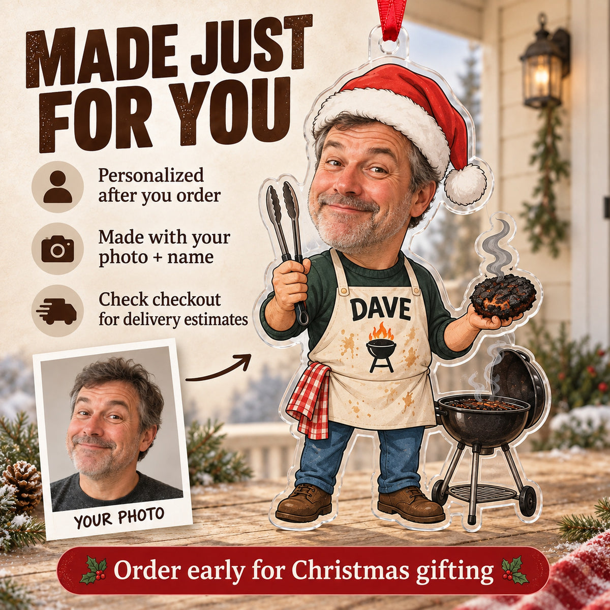 Custom Photo Face Grill Dad on Duty Acrylic Ornament — Production and delivery