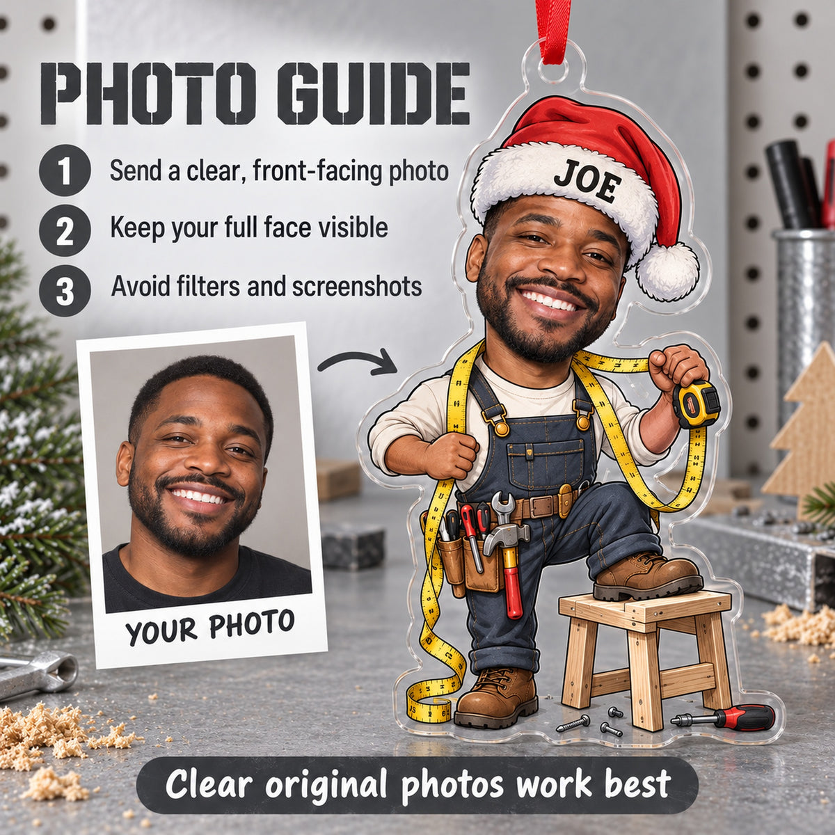 Custom Photo Face Garage Project Forever Acrylic Ornament — Personalization guide