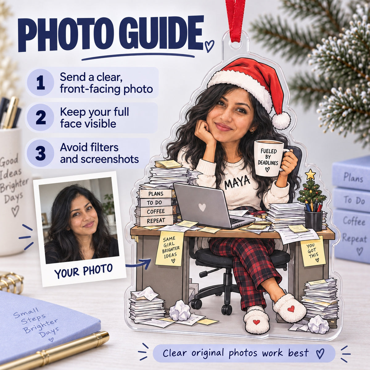 Custom Photo Face Office Chaos Captain Acrylic Ornament — Personalization guide