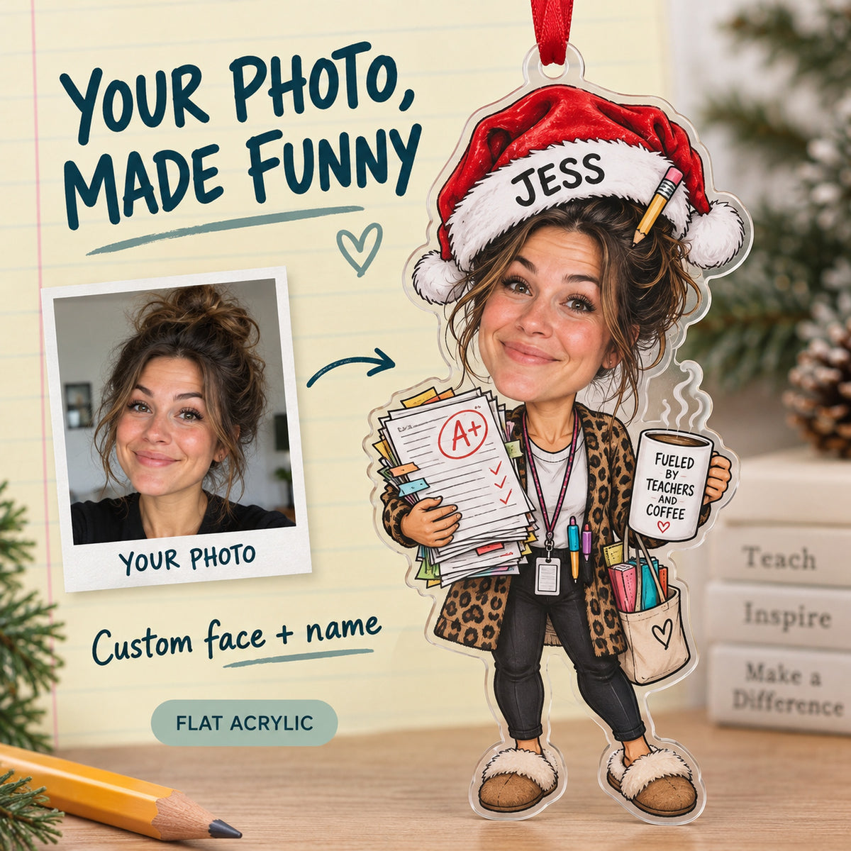 Custom Photo Face Teacher Winter Break Acrylic Ornament — Main design