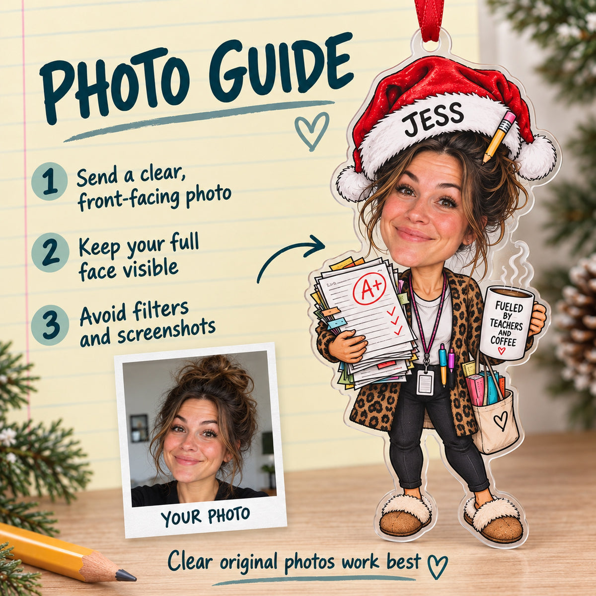 Custom Photo Face Teacher Winter Break Acrylic Ornament — Personalization guide