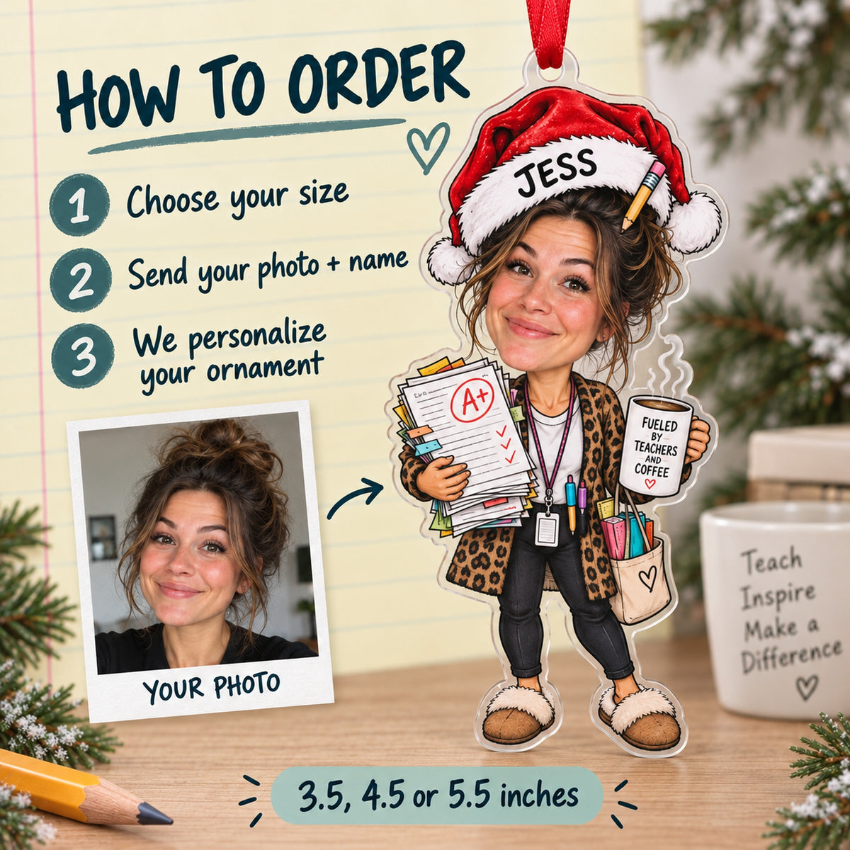 Custom Photo Face Teacher Winter Break Acrylic Ornament — How to order