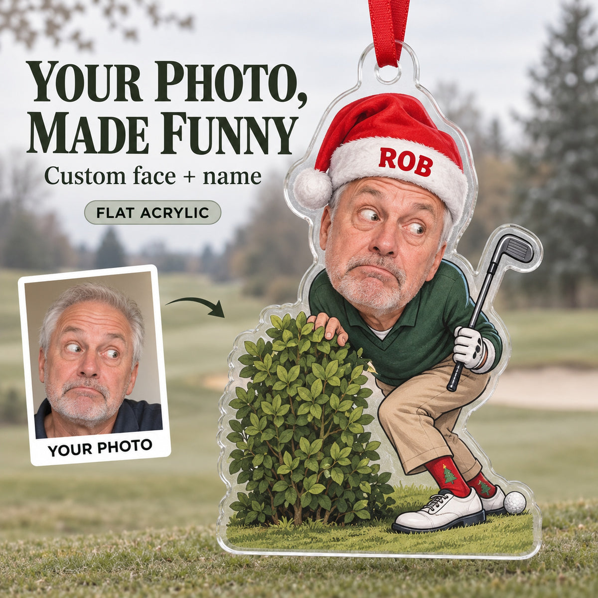 Custom Photo Face Golf Ball Search Acrylic Ornament — Main design