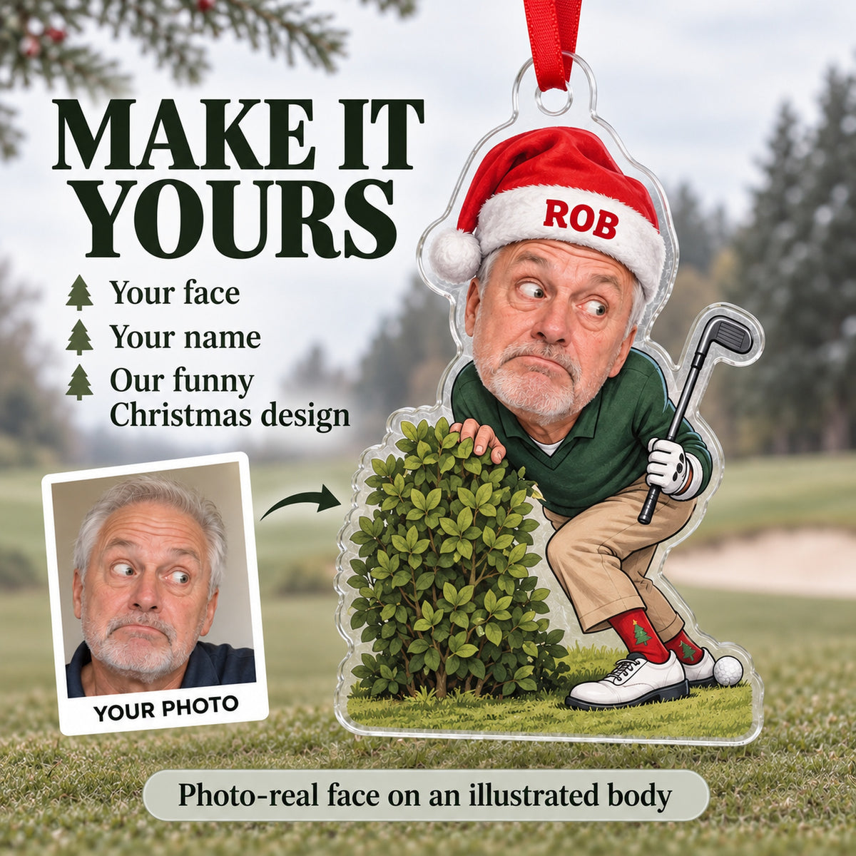 Custom Photo Face Golf Ball Search Acrylic Ornament — Personalization example