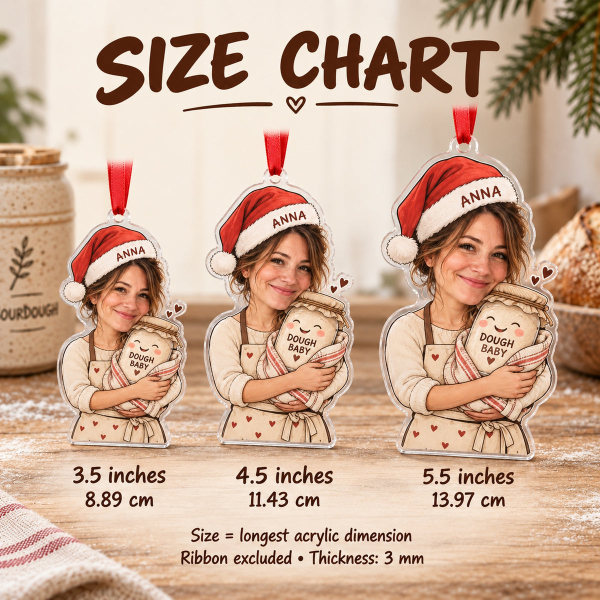 Custom Photo Face Sourdough Babysitter Acrylic Ornament — Size guide