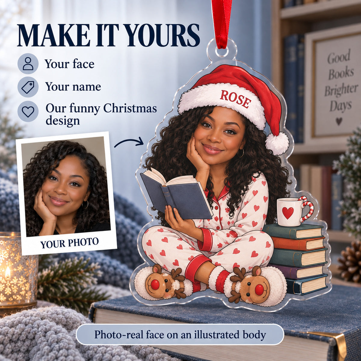Custom Photo Face One More Chapter Acrylic Ornament — Personalization example