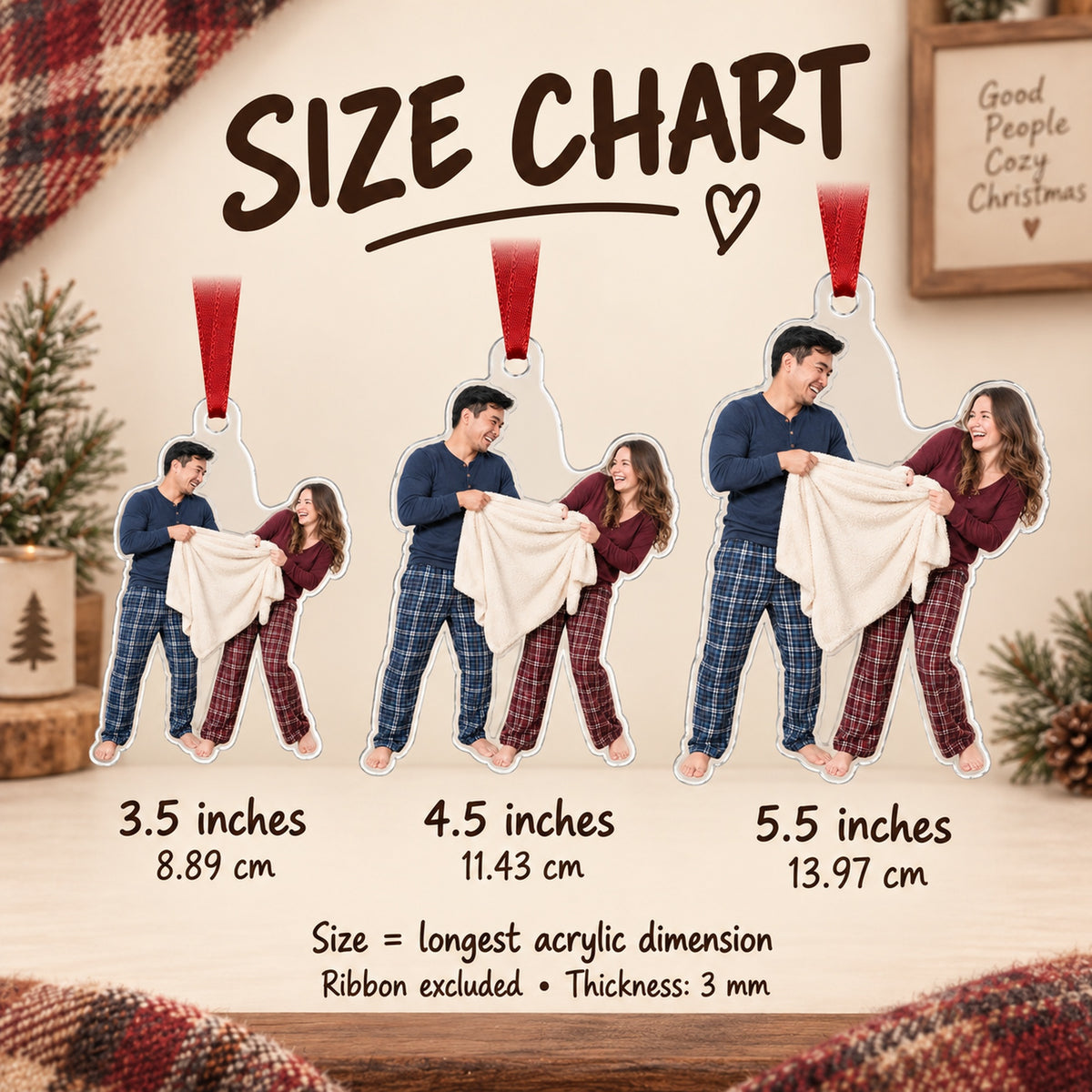 Custom Photo Couple Blanket Battle Acrylic Ornament — Size guide